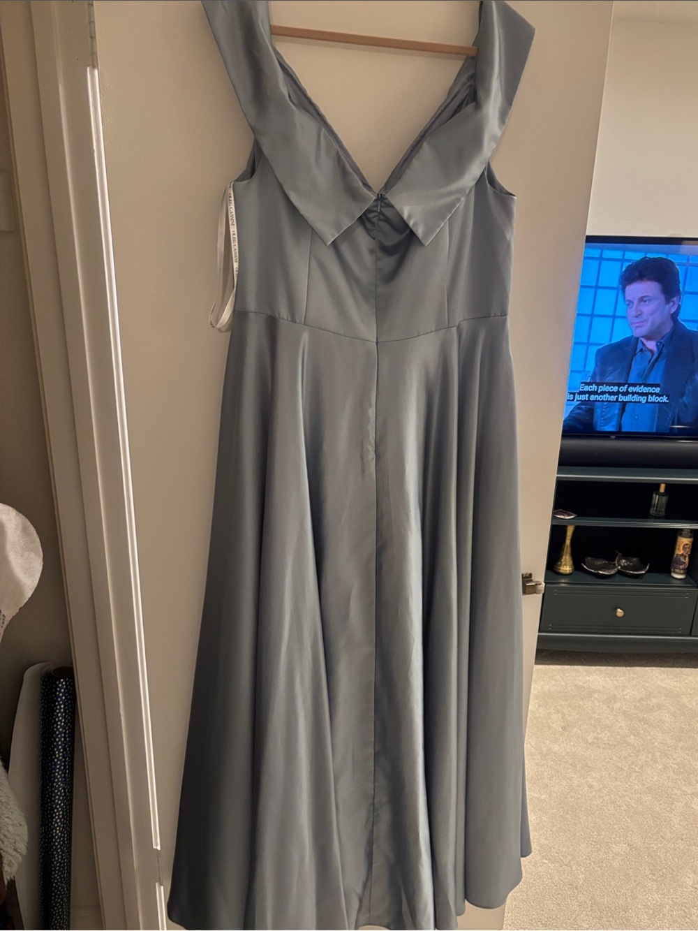 Oleg Cassini Silver-Blue Satin V-Neck Maxi Dress - Picture 3 of 3